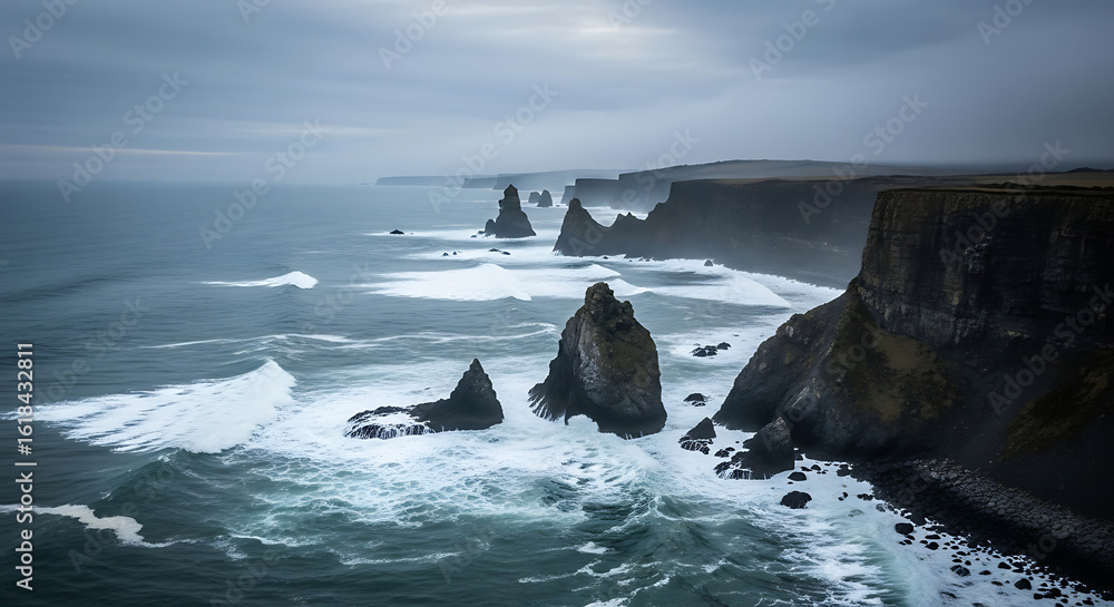 Fototapeta premium Dramatic moody seascape of rugged volcanic cliffs and sea stacks along a stormy northern coastline.