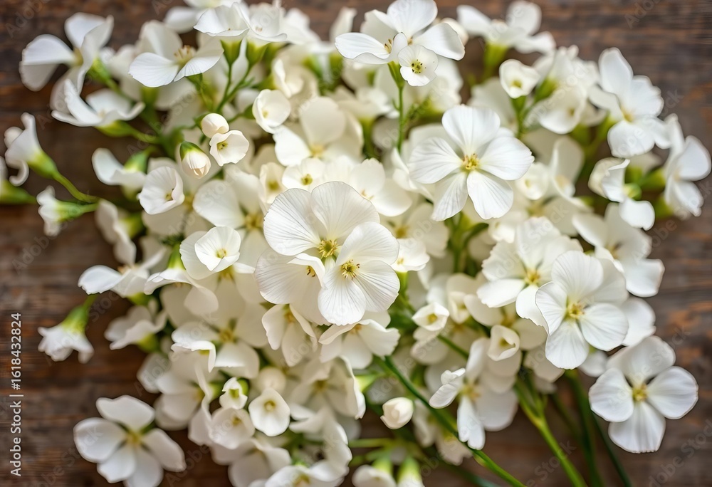 Fototapeta premium Delicate white gypsophila blooms arranged in a flat lay, creating a romantic and airy composition Top view with ample copy space, wedding, texture