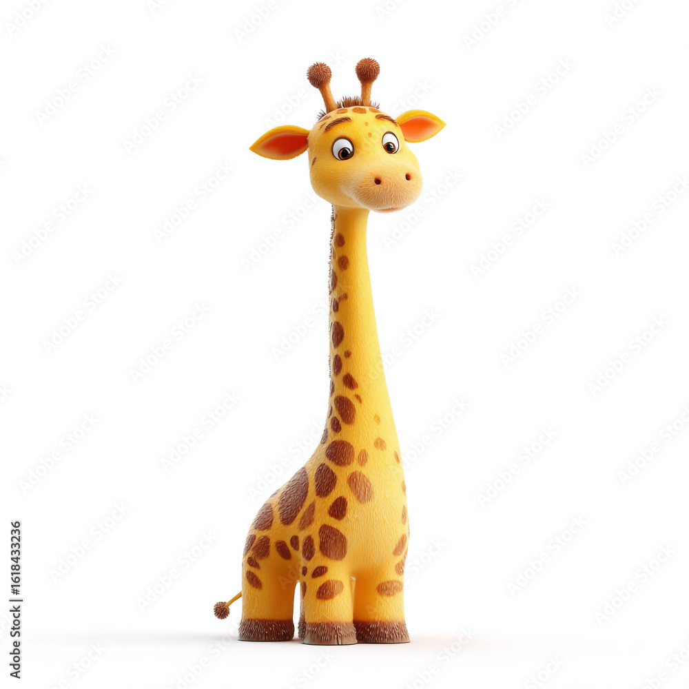 Fototapeta premium 3D cartoon giraffe, long neck, yellow with brown spots, friendly eyes, childlike style, white background.