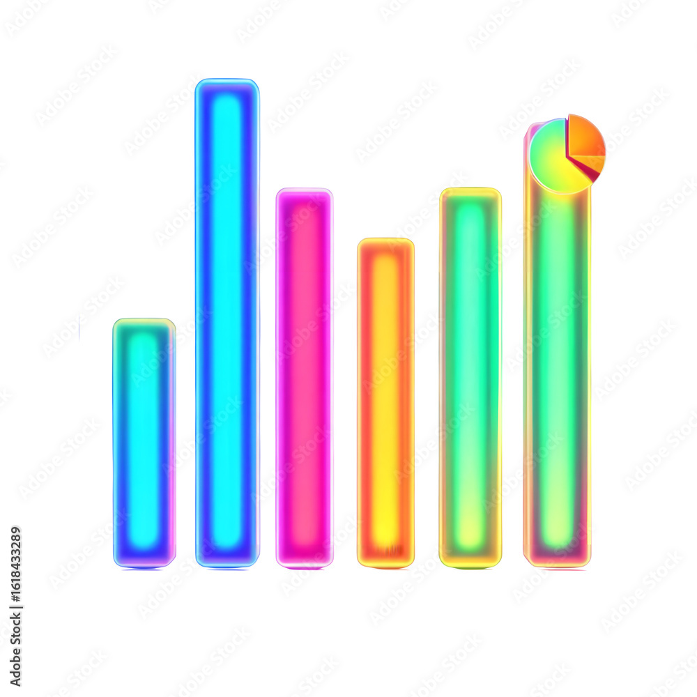 Fototapeta premium Colorful bar graph with a pie chart on top of the last bar against a black background display
