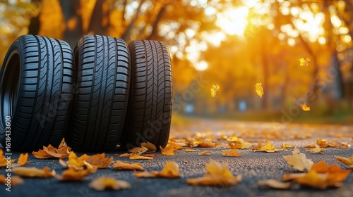 Autumn Tires Resting on a Road Surrounded by Colorful Leaves During Sunset