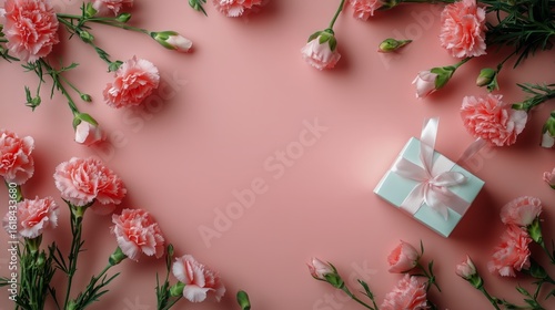 Gift Box Surrounded by Pink Carnations on a Pastel Background for Special Occ...