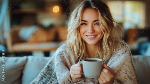 Cozy Morning at Home With Warm Drink and Cheerful Expression in a Relaxed Atm...