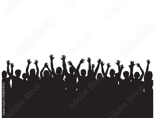  Dynamic silhouette of a cheering crowd with raised hands, symbolizing celebration, unity, excitement, or support at a concert, rally, festival, or energetic public gathering.