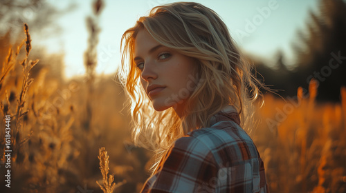 In the enchanting glow of the golden hour, a tranquil field comes alive, beautifully illuminating a young woman with flowing hair. She is dressed warmly in cozy autumn attire, perfectly attuned to the