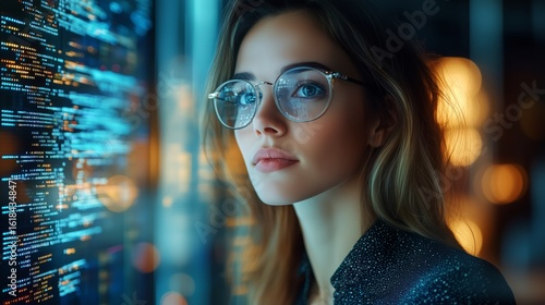 Young Woman Focused on Coding in a Modern Tech Environment at Night.