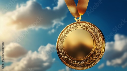 Golden Medal Hanging Against a Cloudy Sky During Late Afternoon Light, Symbol...