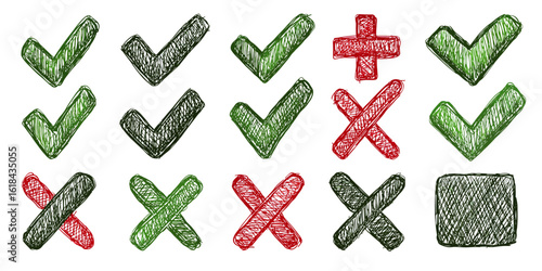 Hand-Drawn Green and Red Checkmarks and Crosses with a Plus Symbol