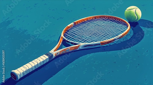 Tennis Racket and Ball Resting on Blue Court Surface During Bright Daylight.