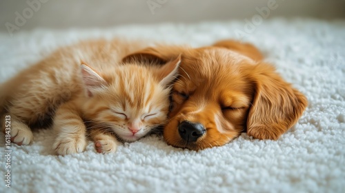 Cute Kitten and Puppy Sleeping Together on a Soft Surface in a Cozy Indoor Se...