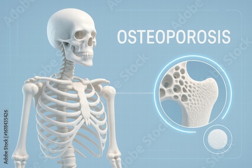 Detailed Anatomical Illustration of a Human Skeleton Highlighting Osteoporosis and Its Effects on Bone Density and Structure
