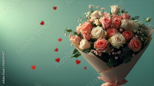 Beautiful Bouquet of Roses With Hearts in the Background for Romantic Occasions