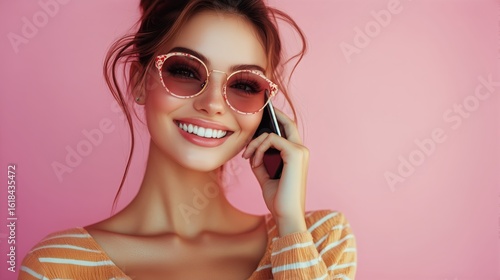 Smiling Woman in Stylish Sunglasses Talking on a Smartphone Indoors During Da...