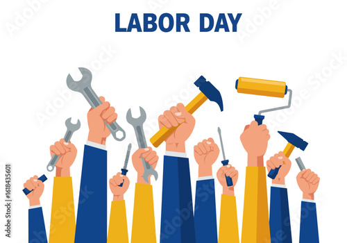 Illustration of raised hands holding tools, celebrating Labor Day.