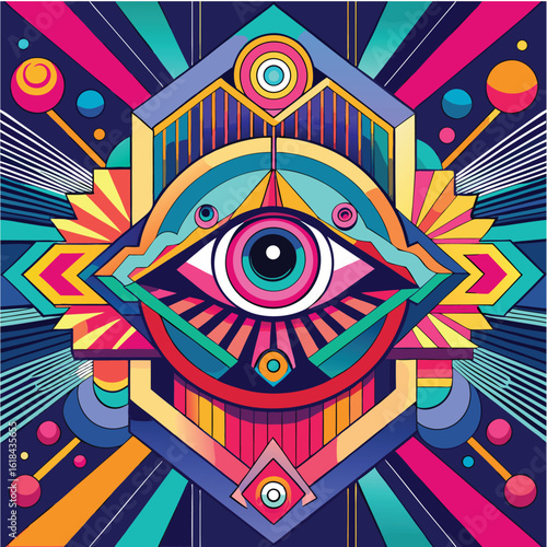 Vibrant psychedelic geometric mandala featuring an all-seeing eye symbol with intricate patterns and bright neon colors creating a mystical and spiritual visual experience