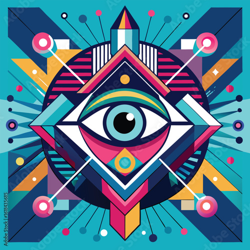 Geometric all-seeing eye symbol with cosmic and futuristic elements in vibrant teal and pink colors