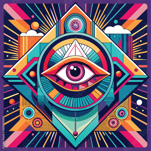 Vibrant geometric mandala featuring the all-seeing eye symbol with cosmic celestial background and mystical spiritual aura