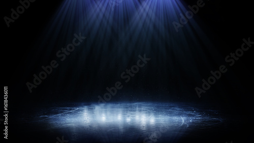 Ice. Winter background. Bright lighting with spotlights. Blue ice floor texture and mist. Snow and ice background. Dark