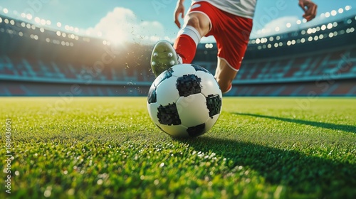 Player Kicks Soccer Ball on Green Field During Sunny Day at Stadium.