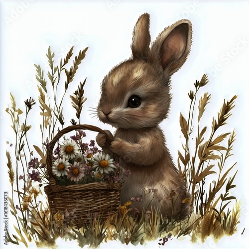 Cute Rabbit Holding a Basket of Flowers in a Meadow During Springtime