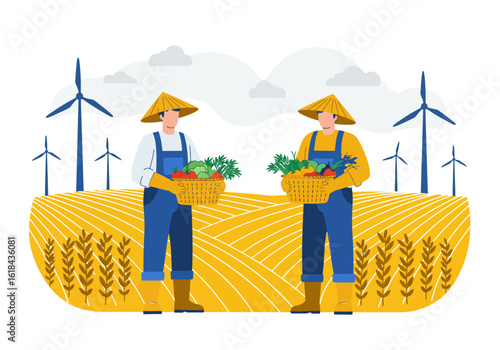 Two farmers proudly display baskets of fresh produce harvested from their sustainable farm, with wind turbines in the background.