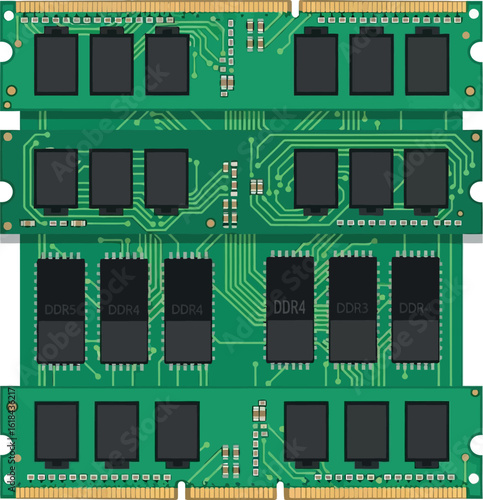 A detailed vector illustration of stacked green computer memory, showing a comparison between DDR4 and DDR5 RAM modules.