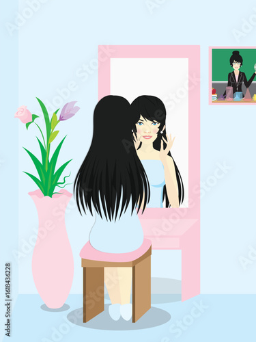 Beautiful woman looking at mirror flat vector illustration.  Attractive woman preening her hair cartoon character.