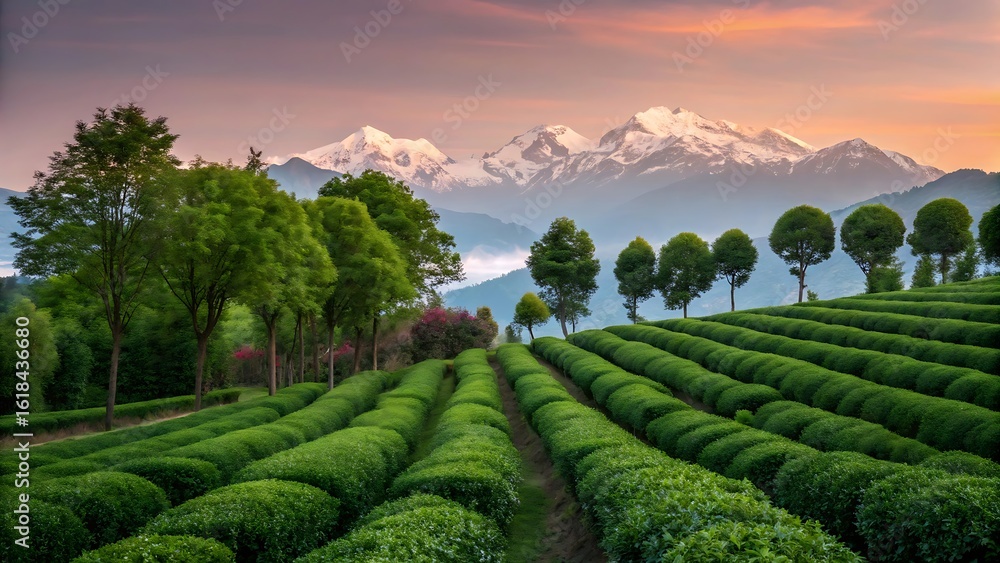 Fototapeta premium Expansive green tea plantation slopes leading to majestic snow capped mountains at sunset