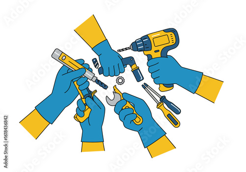 Hands wearing gloves holding various tools, illustrating construction and repair work.