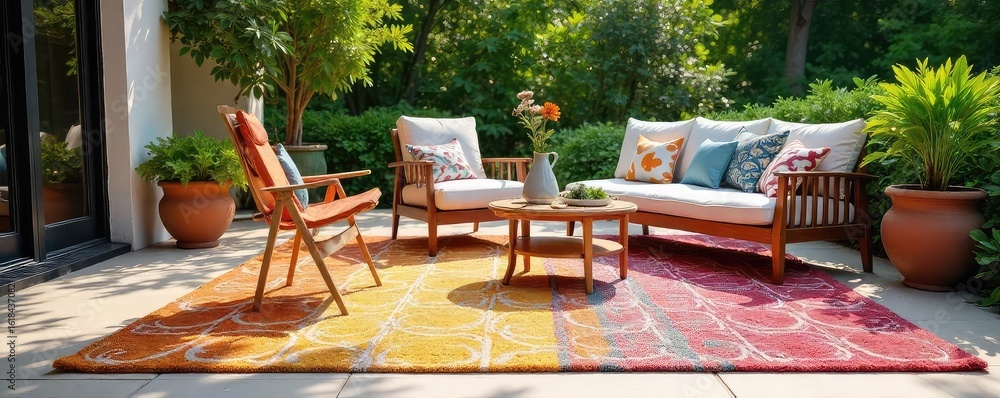 Fototapeta premium Vibrant summer rug on a sun-drenched patio, adding a pop of color and texture to the outdoor space Perfect for summer gatherings and relaxation , sustainable rug, balcony decor