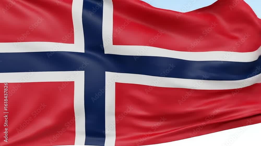The iconic red, white, and blue Norwegian country flag, a proud symbol of national identity and heritage, beautifully rendered in a dynamic wave. The iconic red, white, and blue Norwegian country flag, a proud symbol of national identity and heritage, beautifully rendered in a dynamic wave.