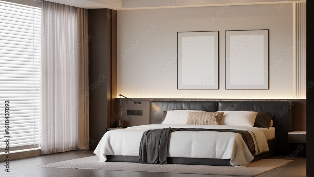 Fototapeta premium Modern Minimalist Bedroom Interior Poster Frame Mockup 