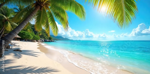 Sun-drenched beach scene with turquoise water lapping gently on the shore, palm trees swaying in the breeze, perfect for a relaxing holiday escape , clouds, holiday