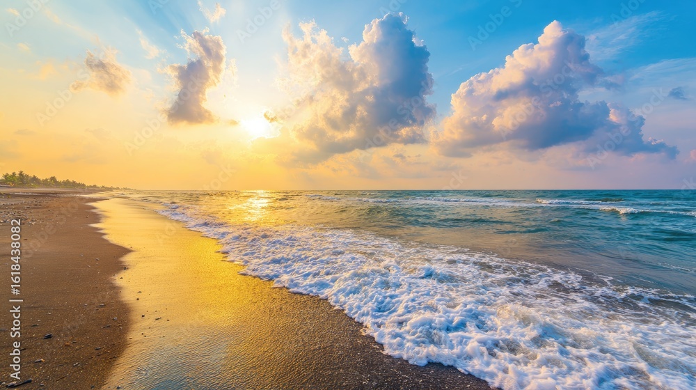 Fototapeta premium Golden sunrise over tranquil beach