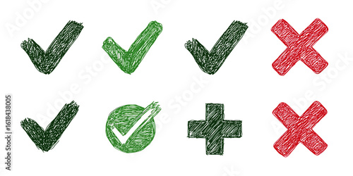 Hand-Drawn Green Check Marks and Red Crosses on White Background