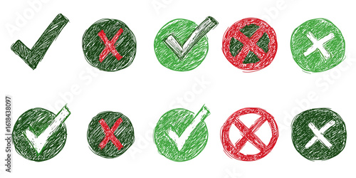 Hand-drawn check and cross symbols in green and red circles