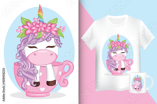 Cute purple unicorn in cup. Mock up shirt and mug with alpaca cartoon character.