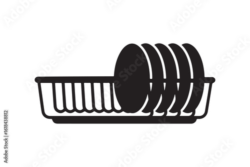 Kitchen Dish Drying Rack Silhouette Icon with Plates for Household Chores