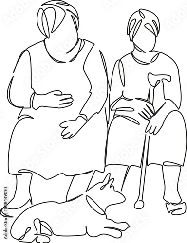 One continuous single drawing line art flat doodle grandmother, dog, pet, bench, sitting, old, female, park. Isolated image hand draw contour on a white background, hand drawn, not AI