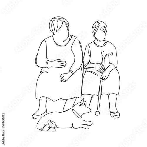One continuous single drawing line art flat doodle grandmother, dog, pet, bench, sitting, old, female, park. Isolated image hand draw contour on a white background, hand drawn, not AI