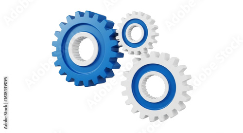 Three interlocking gears blue and white isolated on transparent background