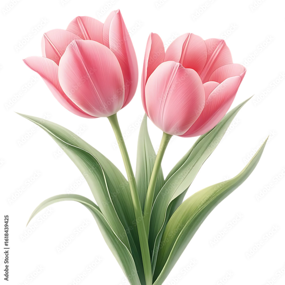 Fototapeta premium A beautiful bouquet of elegant pink tulips with lush green leaves, isolated on a white background. A symbol of spring and affection.