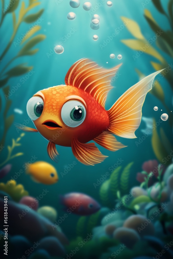 Fototapeta premium Adorable red cartoon fish swimming joyfully in a vibrant, colorful underwater kingdom full of life