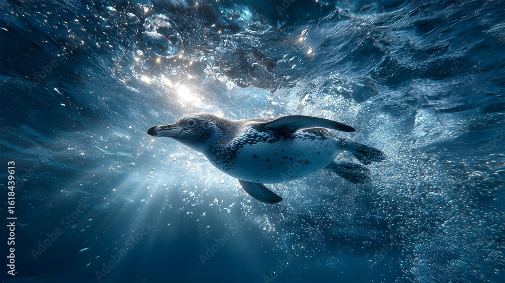 Fototapeta premium Underwater penguin gliding gracefully through clear blue water,