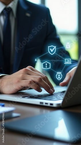 Work safety and compliance concepts. Businessman typing on laptop with virtual icons representing work safety, compliance, and security, workplace safety, and regulatory adherence..
