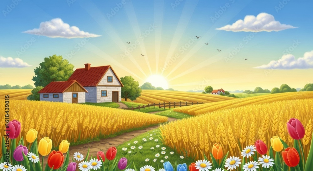 Fototapeta premium Idyllic countryside landscape featuring a charming farmhouse at sunrise in vibrant color palette
