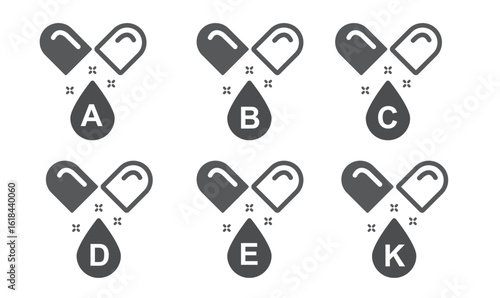 Vitamin B12, B, C, A, D, E, K,  vector. Set of Multi Vitamin, complex icons.