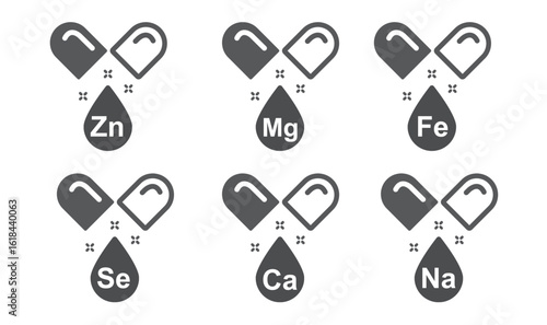 Ca, Zn, Mg, Se, Fe, Ca, vector. Set of Multi Vitamin und mineral, icons.