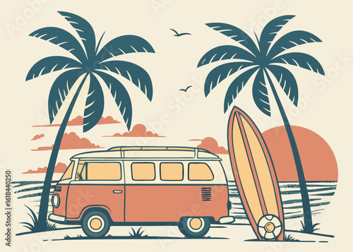 Retro Surfer Lifestyle Illustration with Vintage Beach Van, Palm Trees, Surfboards, and Ocean Scenery