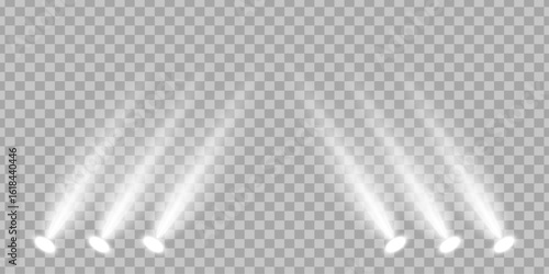Spotlights shine on a transparent background. Flickering light effect.